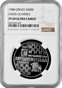 Греція 500 драхм 1988 р. NGS PF69 UC "XXVIII шахова Олімпіада в Салоніках"