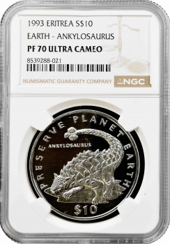 Еритрея 10 доларів 1993 р., NGC PF70 UC, "Бережіть планету Земля - ​​Анкілозавр" Top Pop 1/0