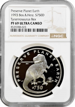 Боснія та Герцеговина 750 динарів 1993 р., NGC PF69 UC, "Тиранозавр Рекс" Top Pop