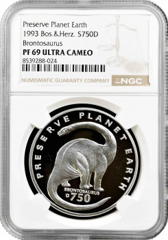 Боснія та Герцеговина 750 динарів 1993 р., NGC PF69 UC, "Зберегти планету Земля - ​​Бронтозавр"