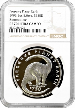 Боснія та Герцеговина 750 динарів 1993 р., NGC PF70 UC, "Зберегти планету Земля - ​​Бронтозавр" Top Pop