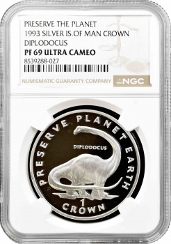 Остров Мэн 1 крона 1993 г., NGC PF69 UC, "Сохраним планету Диплодок" Top Pop