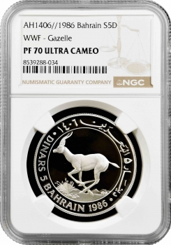 Бахрейн 5 динарів 1986 р., NGC PF70 UC, "Фонд дикої природи - Газель" Top Pop