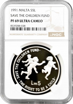 Мальта 5 лір 1991 р., NGC PF69 UC, "Фонд порятунку дітей"