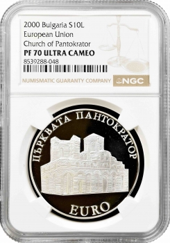Болгарія 10 левів 2000 р., NGC PF70 UC, "Церква Пантократора" Top Pop