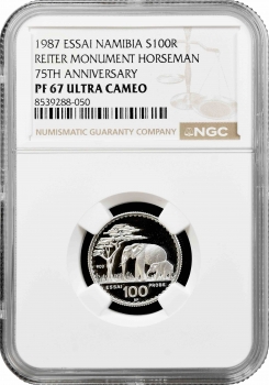 Намібія 100 рандів 1987, NGC PF67 UC ESSAI, «Вершник на пам'ятнику Райтеру»
