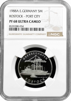 Німеччина - НДР 5 марок 1988 року, NGC PF68 UC, "30-та річниця - Порт Росток"