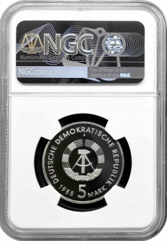 Німеччина - НДР 5 марок 1988 року, NGC PF68 UC, "30-та річниця - Порт Росток"