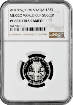 Шарджа (ОАЭ) 2 рияла AH 1389 (1970 г.), NGC PF68 UC, "Чемпионат мира по футболу 1970"