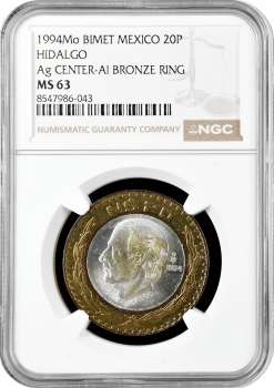 Мексика 20 песо 1994 г. Mo, NGC MS63, "Мигель Идальго (1753 - 1811)"