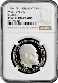 Вюртемберг 3 марки 1916 (1991) г. F, NGC PF68 UC RESTRIKE, "25 лет правлению Вильгельма II" Top Pop