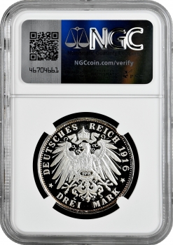 Вюртемберг 3 марки 1916 (1991) г. F, NGC PF68 UC RESTRIKE, "25 лет правлению Вильгельма II" Top Pop