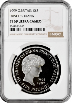 Великобритания 5 фунтов 1999 г., NGC PF69 UC, "Принцесса Диана"