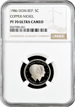 Доминикана 5 сентаво 1986 г., NGC PF70 UC, "Доминиканская Республика (1937 - 2020)" Top Pop