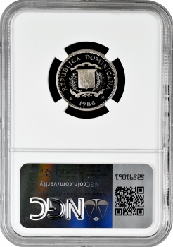 Доминикана 5 сентаво 1986 г., NGC PF70 UC, "Доминиканская Республика (1937 - 2020)" Top Pop