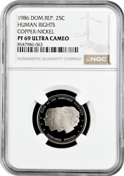 Доминикана 25 сентаво 1986 г., NGC PF69 UC, "Доминиканская Республика (1937 - 2020)" Top Pop