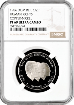 Доминикана 1/2 песо 1986 г., NGC PF69 UC, "Доминиканская Республика (1937 - 2020)"