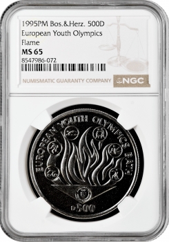 Босния и Герцеговина 500 динаров 1995 г., NGC MS65, "Летние Олимпийские дни - Факел" Top Pop 1/0