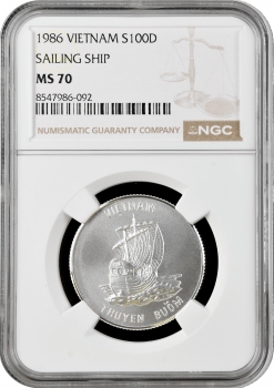 Вьетнам 100 донгов 1986 г., NGC MS70, "Вьетнамская джонка" Top Pop