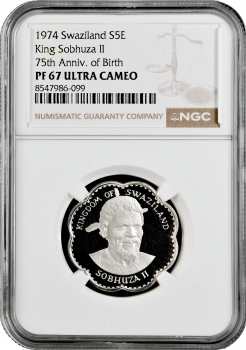Свазиленд 5 эмалангени 1974 г., NGC PF67 UC, "75 лет со дня рождения Короля Собузы II"