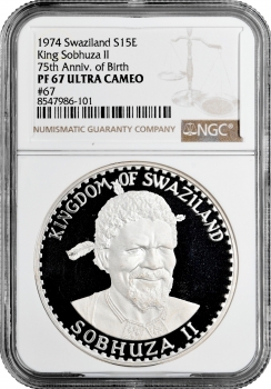 Свазиленд 15 эмалангени 1974 г., NGC PF67 UC, "75 лет со дня рождения Короля Собузы II" Top Pop
