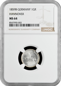 Ганновер 1 грош 1859 г. B, NGC MS64, "Король Георг V (1851 - 1866)"
