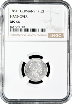 Ганновер 1/12 талера 1851 г. B, NGC MS64, "Король Эрнст Август (1837 - 1851)"