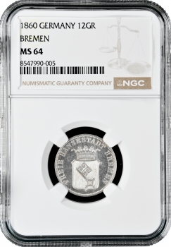 Бремен 12 гротенов 1860 г., NGC MS64, "Вольный ганзейский город Бремен (1806 - 1871)"
