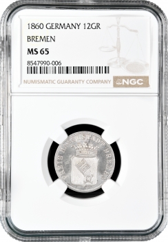 Бремен 12 гротенов 1860 г., NGC MS65, "Вольный ганзейский город Бремен (1806 - 1871)" Top Pop