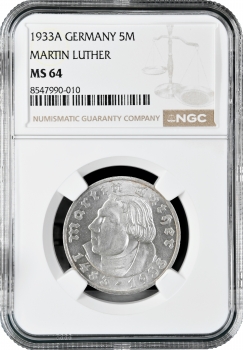 Германия - Третий рейх 5 рейхсмарок 1933 г. A, NGC MS64, "450 лет со дня рождения Мартина Лютера"