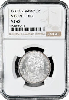 Германия - Третий рейх 5 рейхсмарок 1933 г. D, NGC MS63, "450 лет со дня рождения Мартина Лютера"