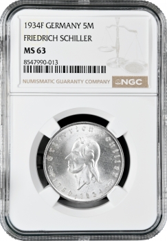 Германия - Третий рейх 5 рейхсмарок 1934 г. F, NGC MS63, "Фридрих Шиллер"