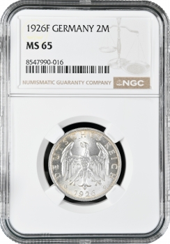 Германия 2 рейхсмарки 1926 г. F, NGC MS65, "Веймарская Республика (Рейхсмарка) (1924 - 1938)"