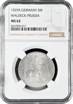 Веймарская Республика 3 рейхсмарки 1929 г. A, NGC MS62, "Объединение Вальдека и Пруссии"