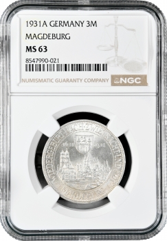 Веймарская Республика 3 рейхсмарки 1931 г. A, NGC MS63, "300-я годовщина разорения Магдебурга"