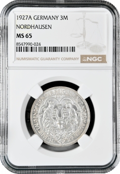 Веймарская Республика 3 рейхсмарки 1927 г. A, NGC MS65, "1000 лет Нордхаузену"