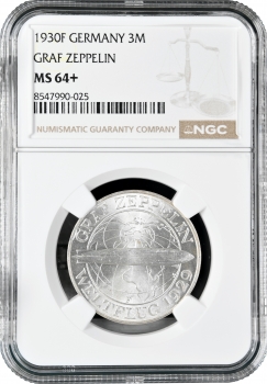 Веймарская Республика 3 рейхсмарки 1930 г. F, NGC MS64+, "Полёт дирижабля "Граф Цеппелин"
