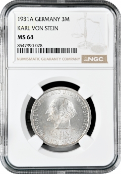 Веймарская Республика 3 рейхсмарки 1931 г. A, NGC MS64, "100 лет со дня смерти Генриха фом Штейна"