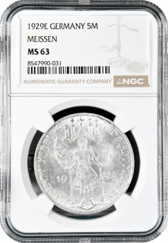 Веймарская Республика 5 рейхсмарок 1929 г. E, NGC MS63, "1000 лет Мейсену"