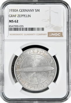 Веймарская Республика 5 рейхсмарок 1930 г. A, NGC MS62, "Полёт дирижабля "Граф Цеппелин"