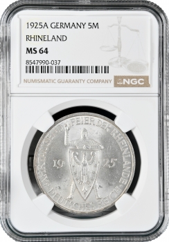 Веймарская Республика 5 рейхсмарок 1925 г. A, NGC MS64, "Тысячелетие Рейнской области (Рейнланда)"