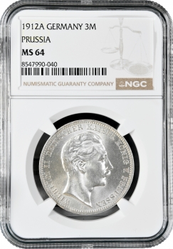 Пруссия 3 марки 1912 г. A, NGC MS64, "Император Вильгельм II (1888 - 1918)"
