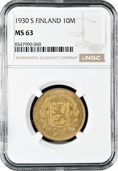 Финляндия 10 марок 1930 г. S, NGC MS63, "Финляндская Республика (Suomi) (1918 - 1962)" Pop 1/1