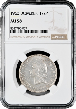 Доминикана 1/2 песо 1960 г., NGC AU58, "Доминиканская Республика (1937 - 2020)"