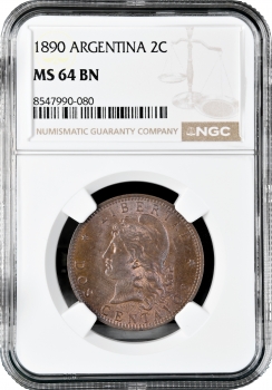 Аргентина 2 сентаво 1890 г., NGC MS64 BN, "Песо аргентинское (1881 - 1969)" Top Pop