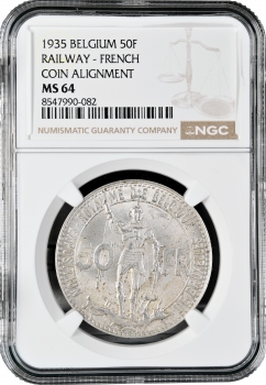 Бельгия 50 франков 1935 г. French - Pos. A, NGC MS64, "Брюссель Экспо и 100 лет железным дорогам"