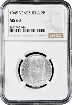 Венесуэла 2 боливара 1945 г., NGC MS63, "Соединенные Штаты Венесуэлы (1879 - 1952)"