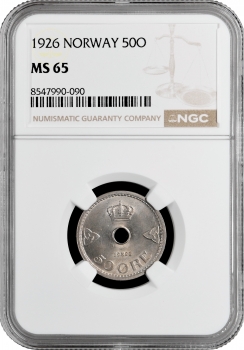 Норвегия 50 эре 1926 г., NGC MS65, "Король Хокон VII (1906 - 1957)"