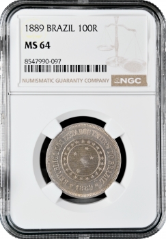 Бразилия 100 рейсов 1889 г., NGC MS64, "Первая Республика (1889 - 1942)"