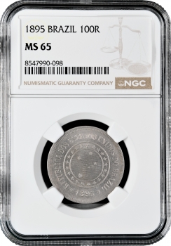 Бразилия 100 рейсов 1895 г., NGC MS65, "Первая Республика (1889 - 1942)" Top Pop 1/0
